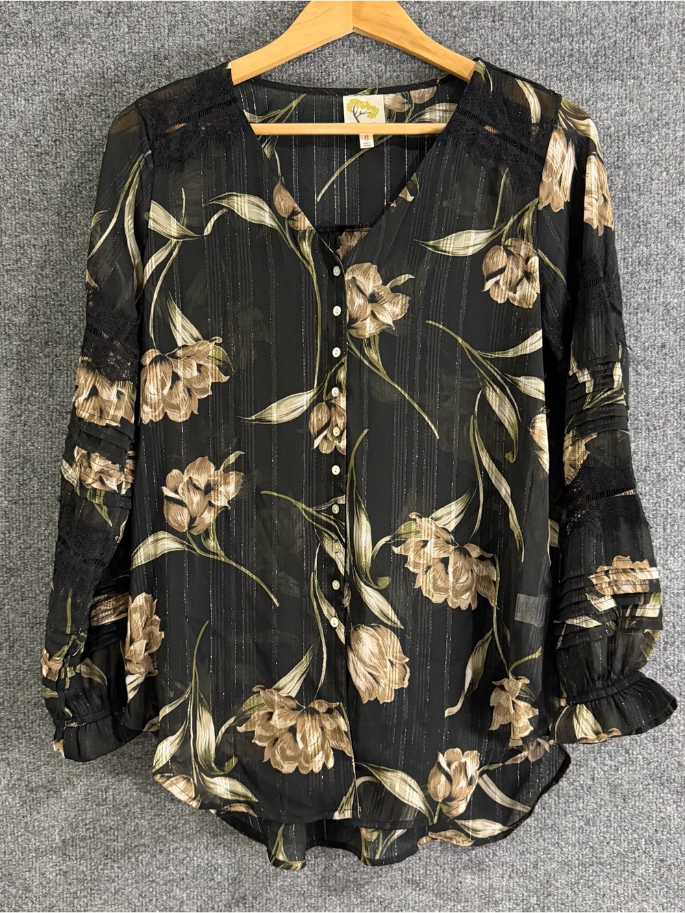 Fig & Flower Womens Dark Floral Metallic Stripe Button Up Top Size Small Sheer